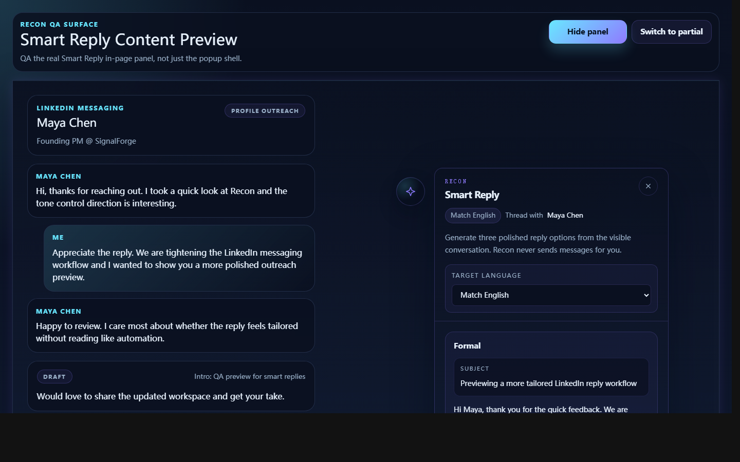 Recon smart reply preview for LinkedIn messaging