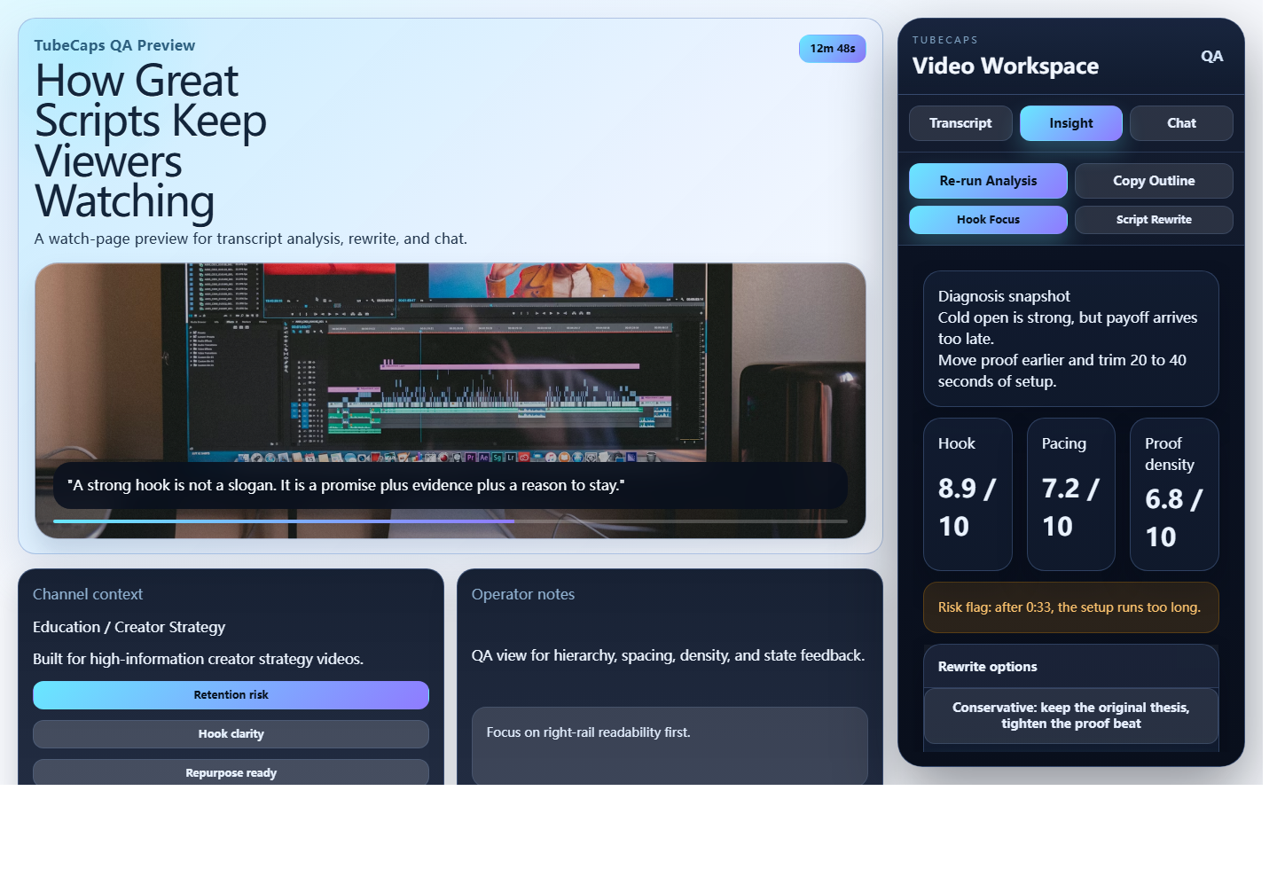 TubeCaps video workspace preview for YouTube transcript analysis
